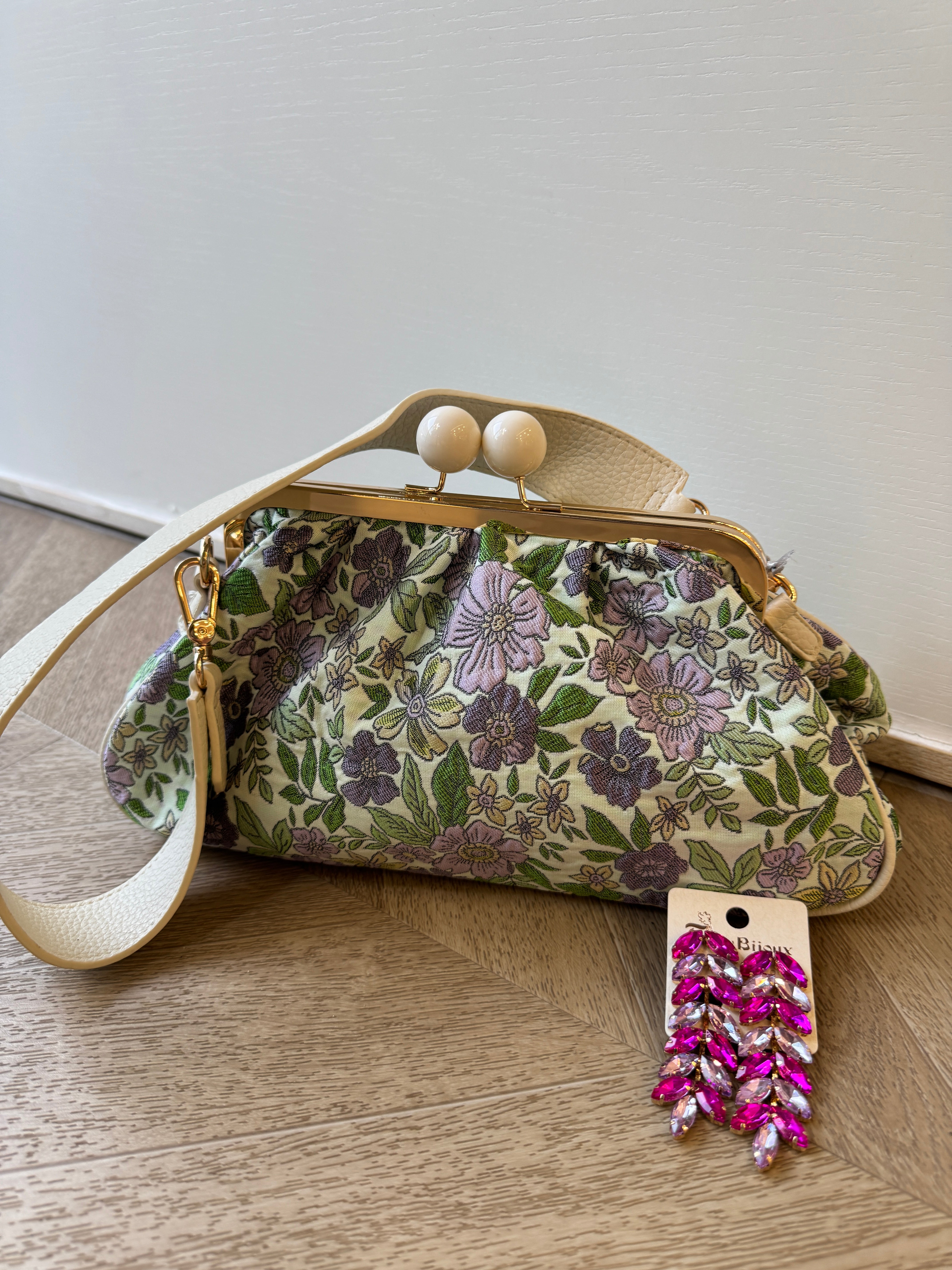 Borsa flowers grande con clip bianca/verde