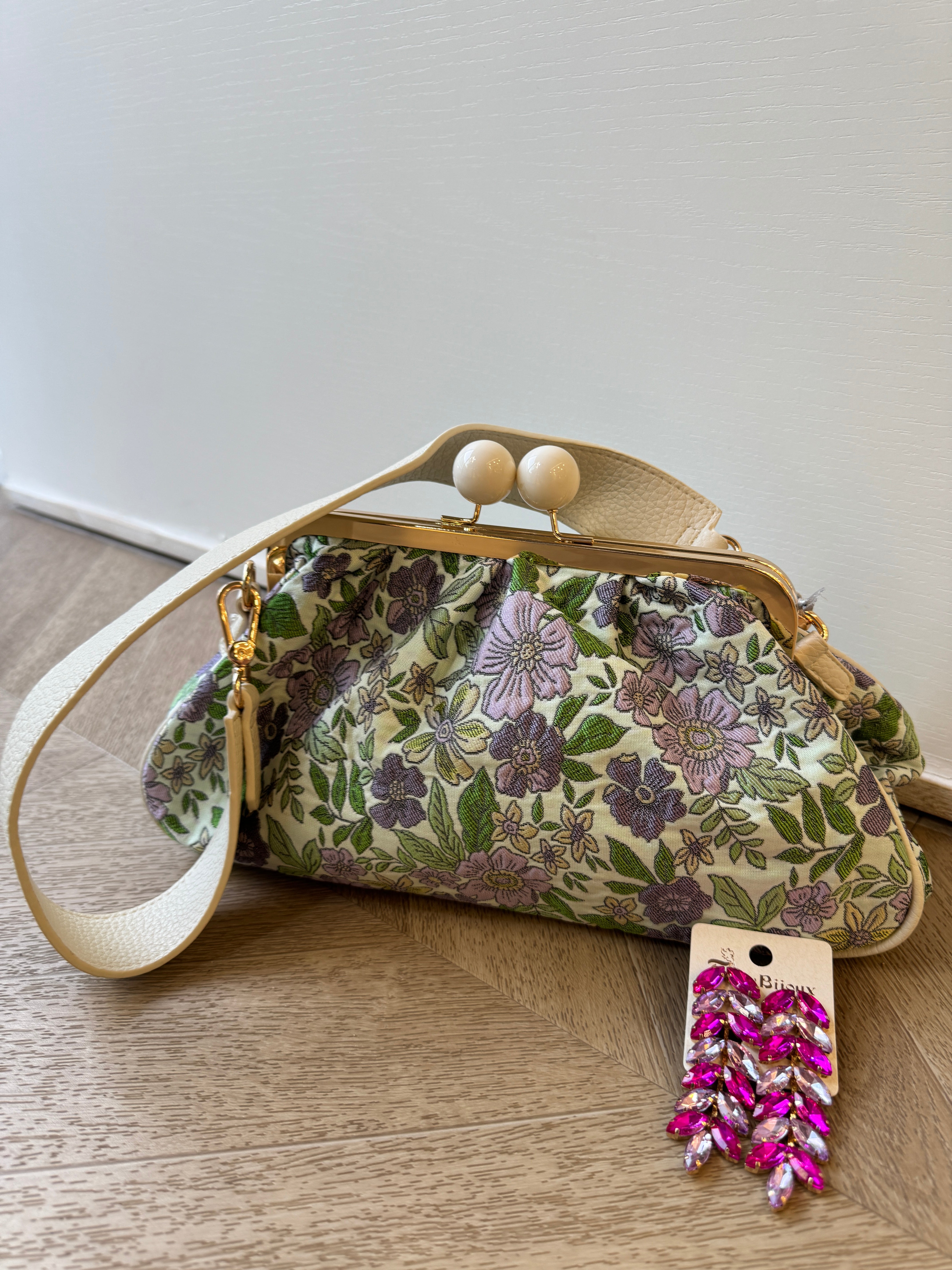 Borsa flowers grande con clip bianca/verde
