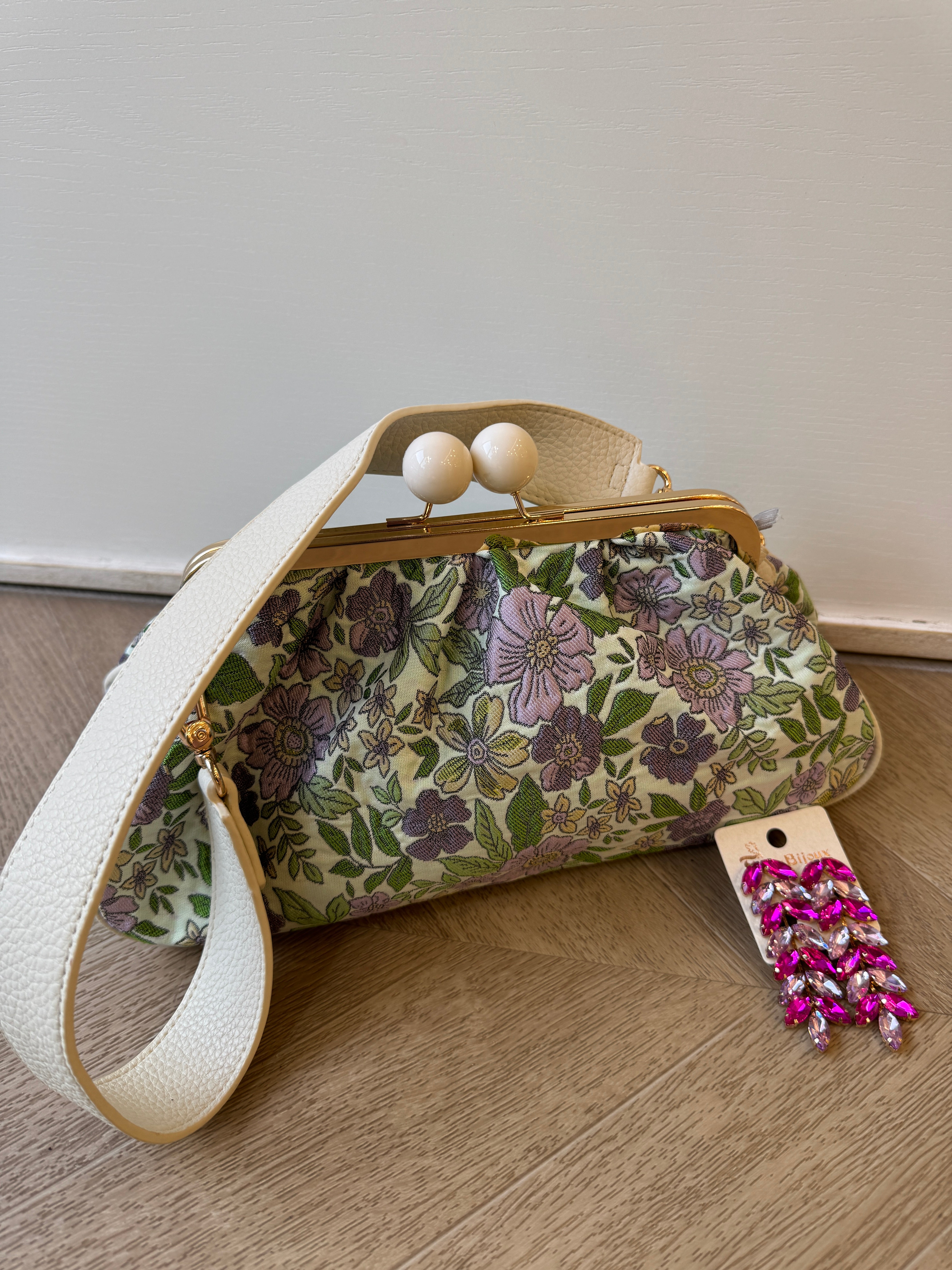 Borsa flowers grande con clip bianca/verde
