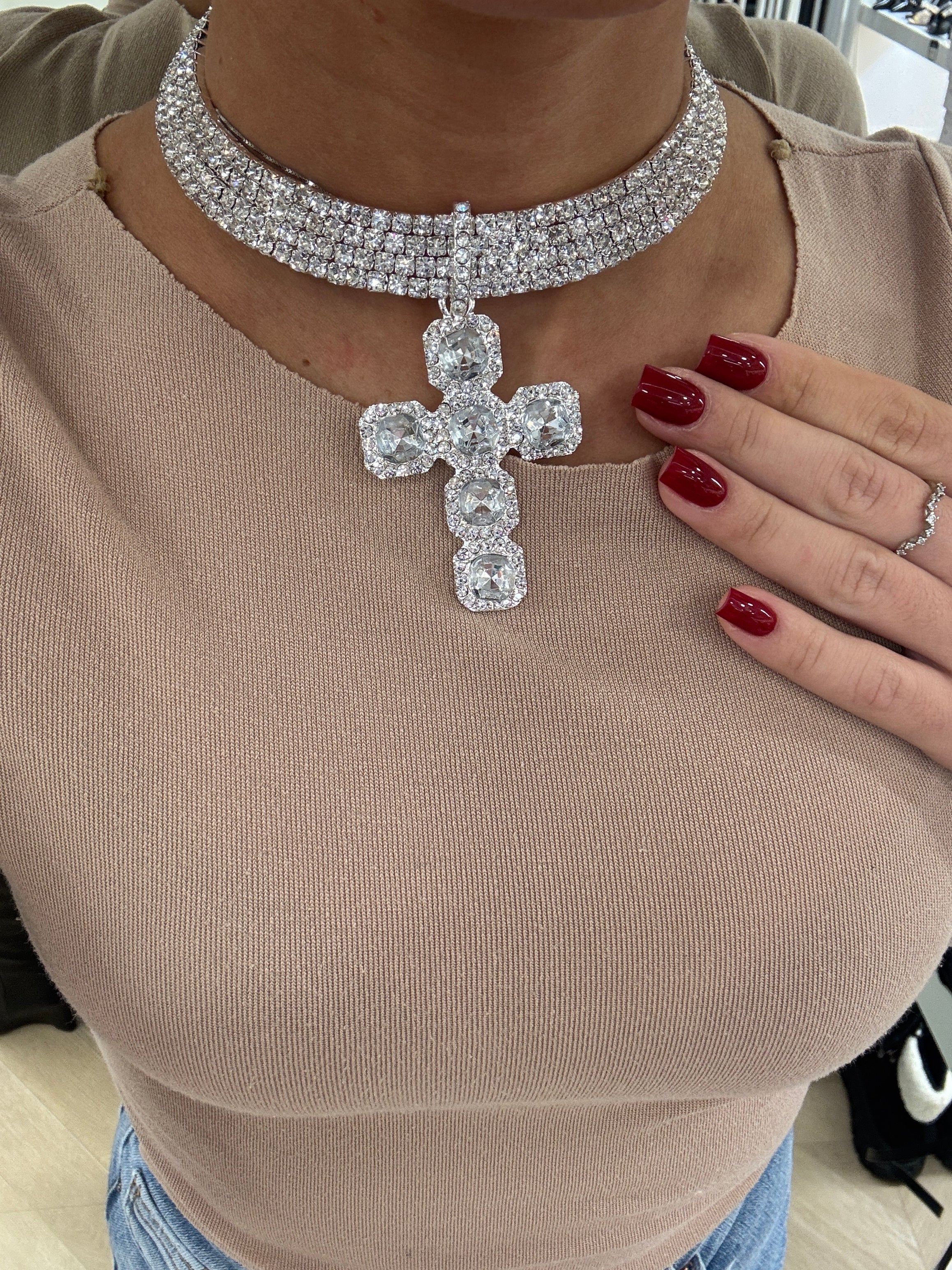 Collier con croce e brillantini argento