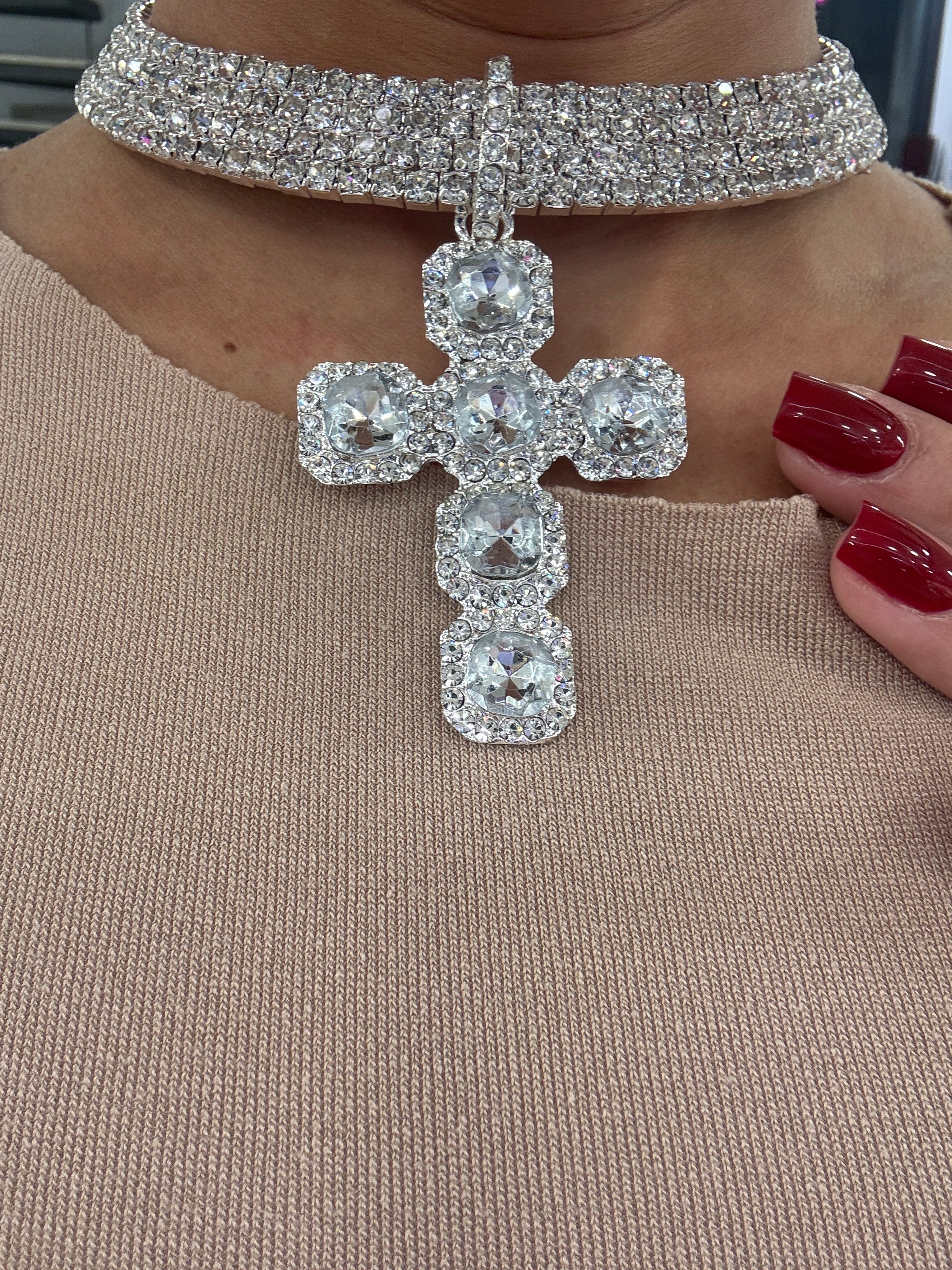 Collier con croce e brillantini argento
