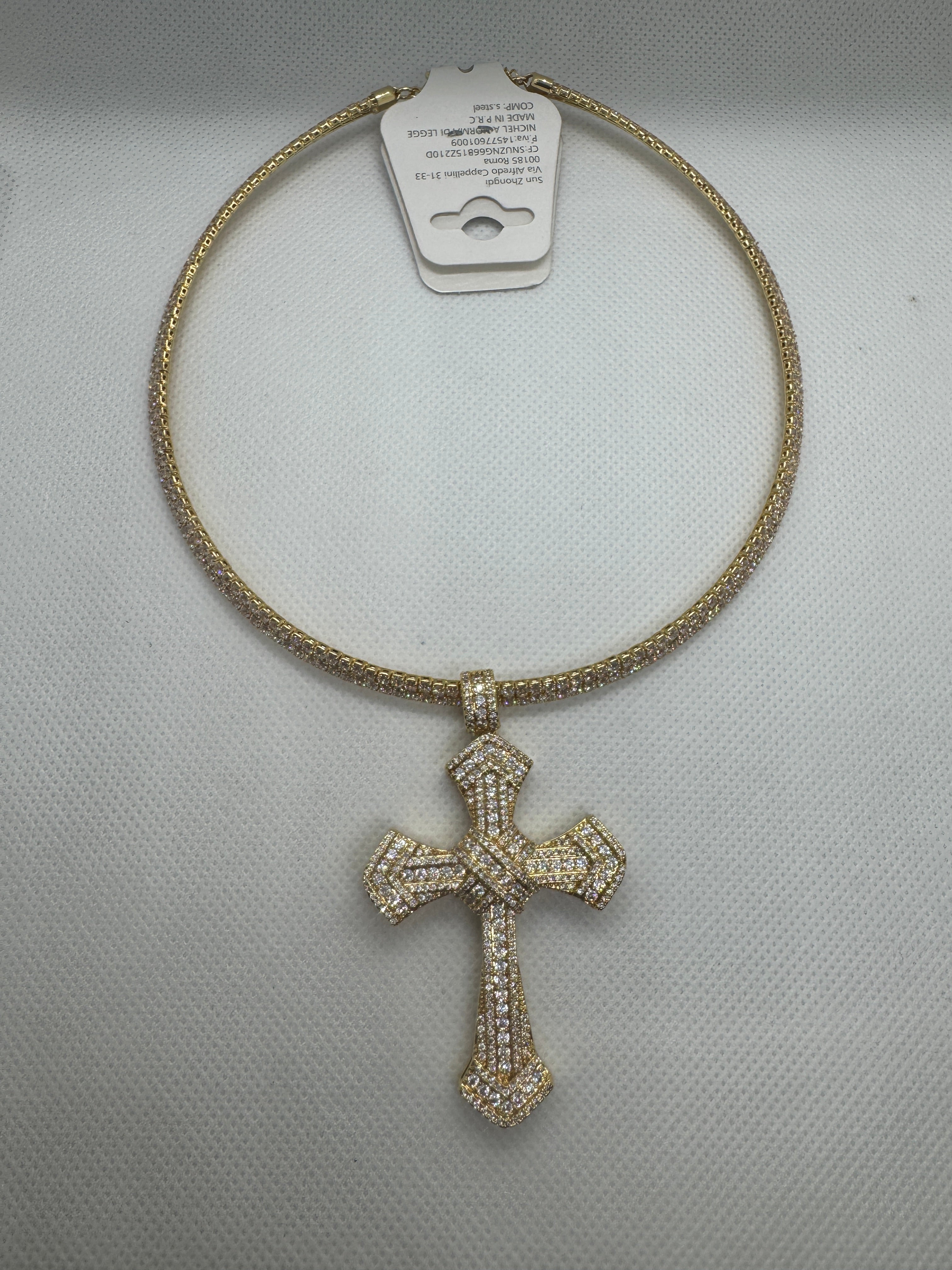 Girocollo croce fascia sottile con micro cristalli oro