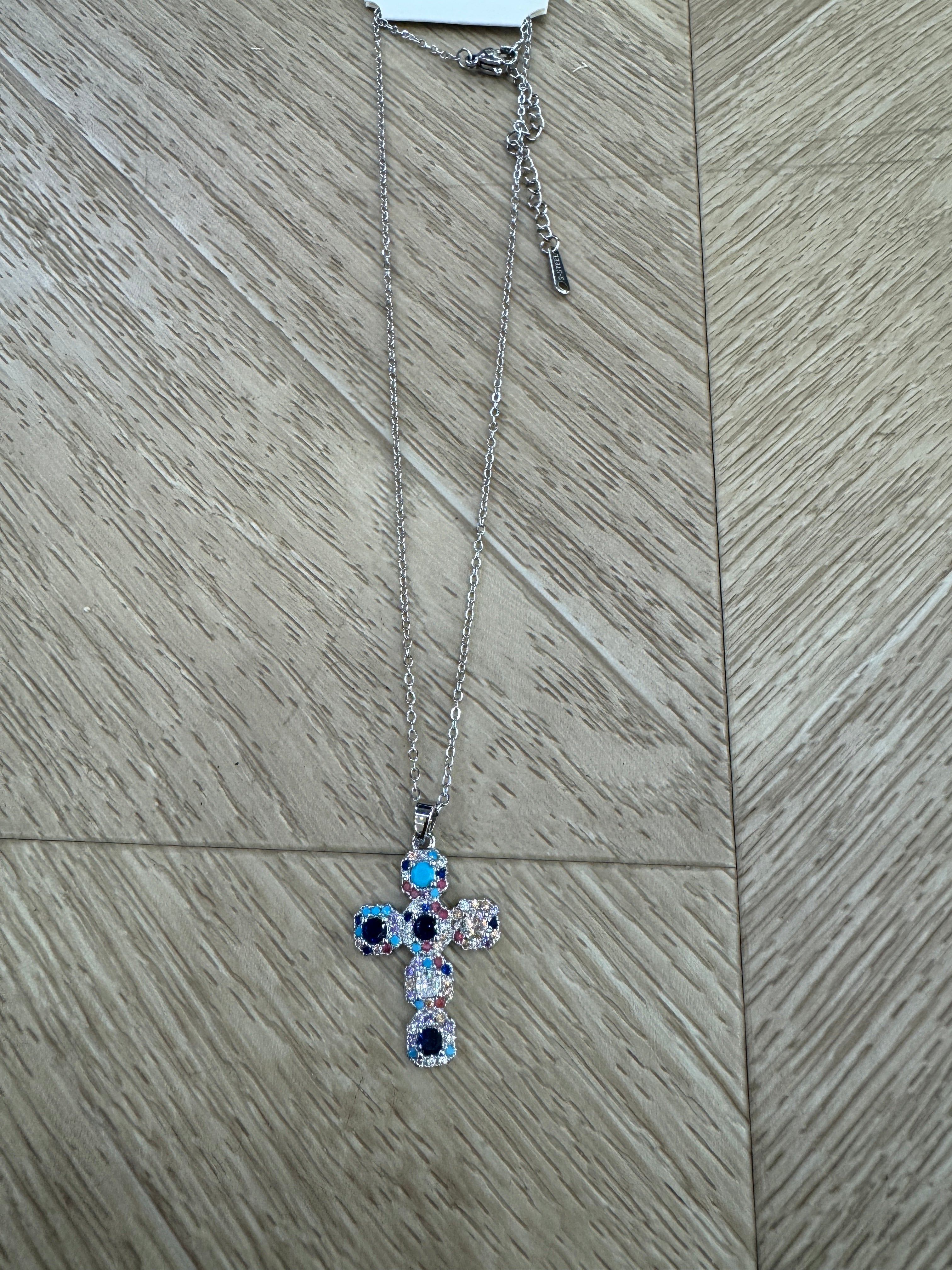 Collana croce argento con pietre blu