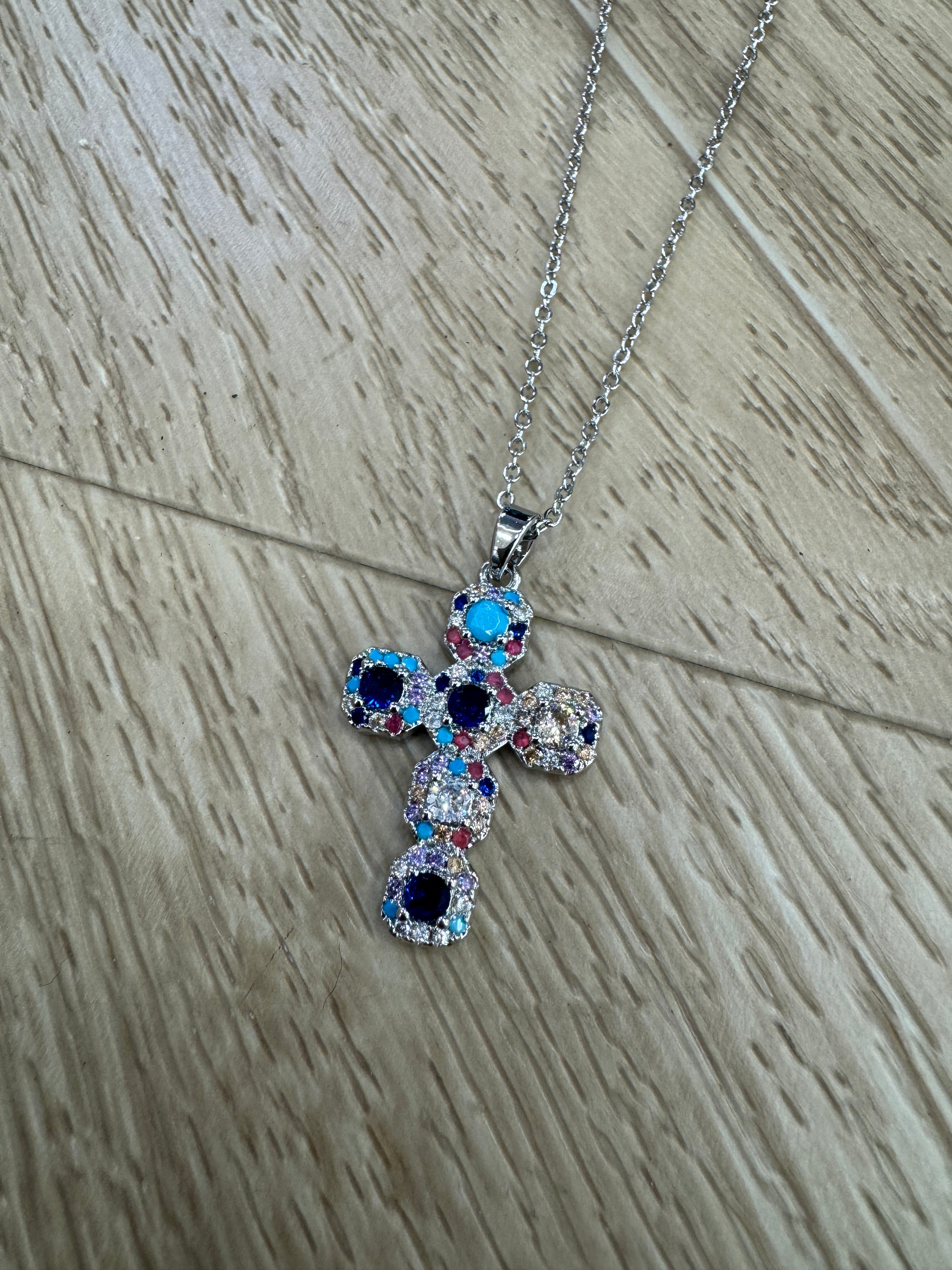 Collana croce argento con pietre blu